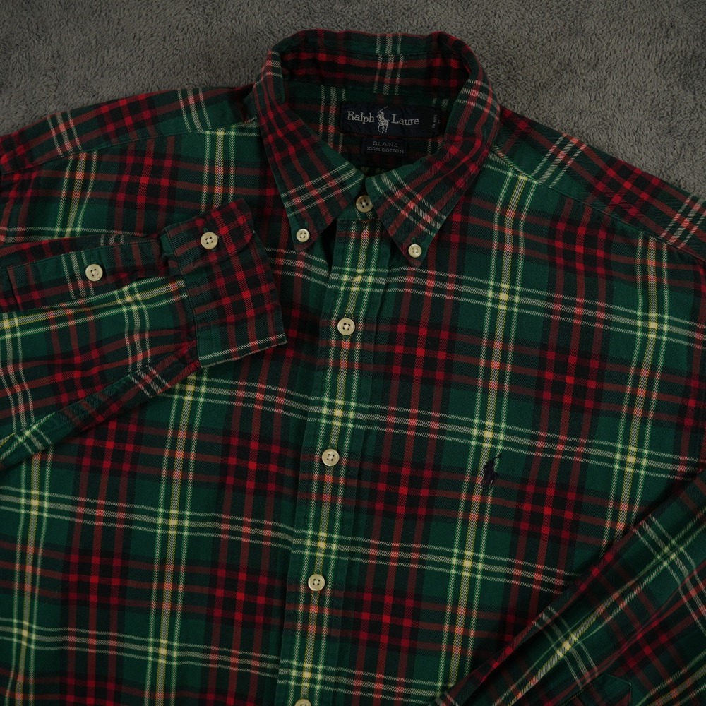 Ralph Lauren Flannel Shirt Mens M Green Red Plaid Blaire Long Sleeve Button Down
